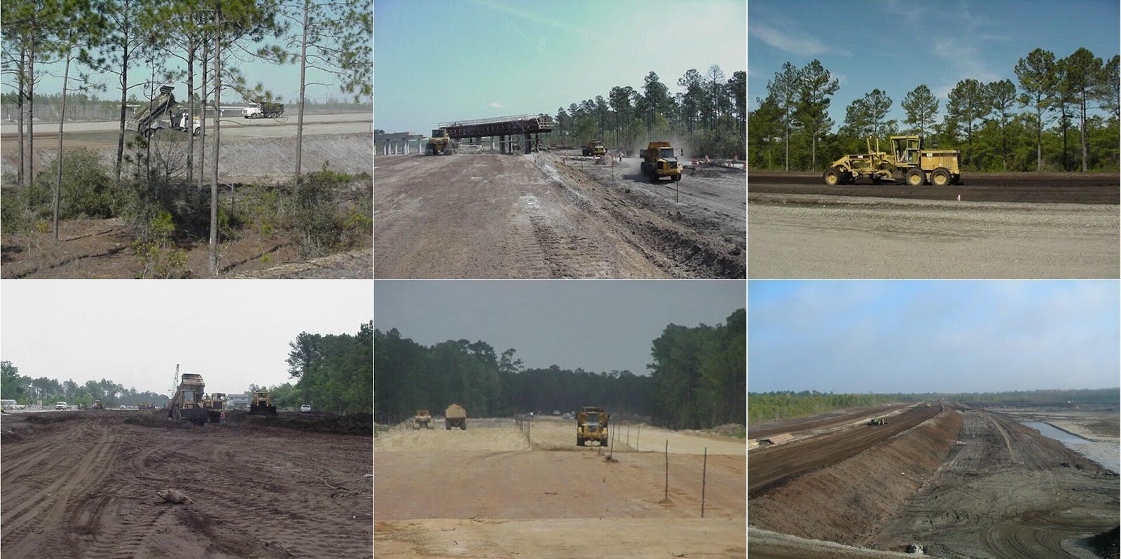 Six images show construction vehicles on a cleared, graded site.
