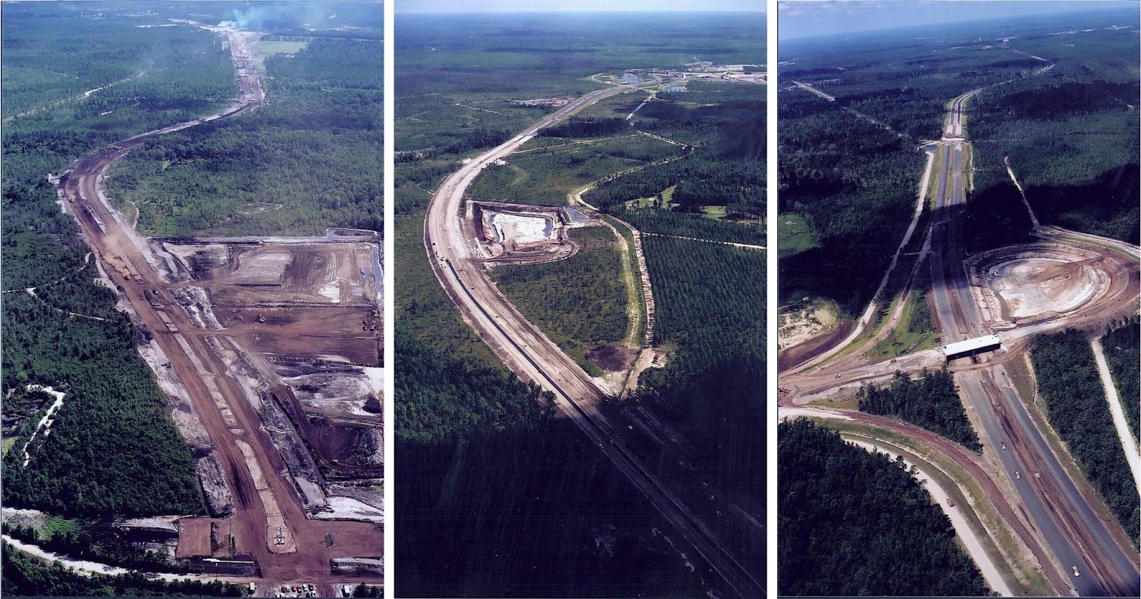 Three aerial photos show forest highway construction from start to finish.