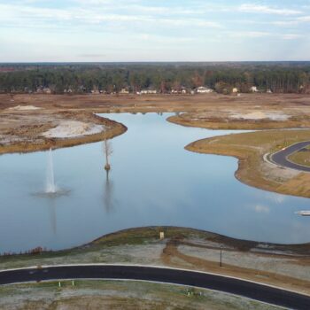 Partially developed land: pond, fountain, curved roads, wooded background.