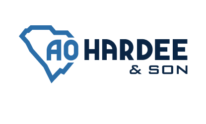Blue SC outline with AO, bold AO Hardee & Son text.