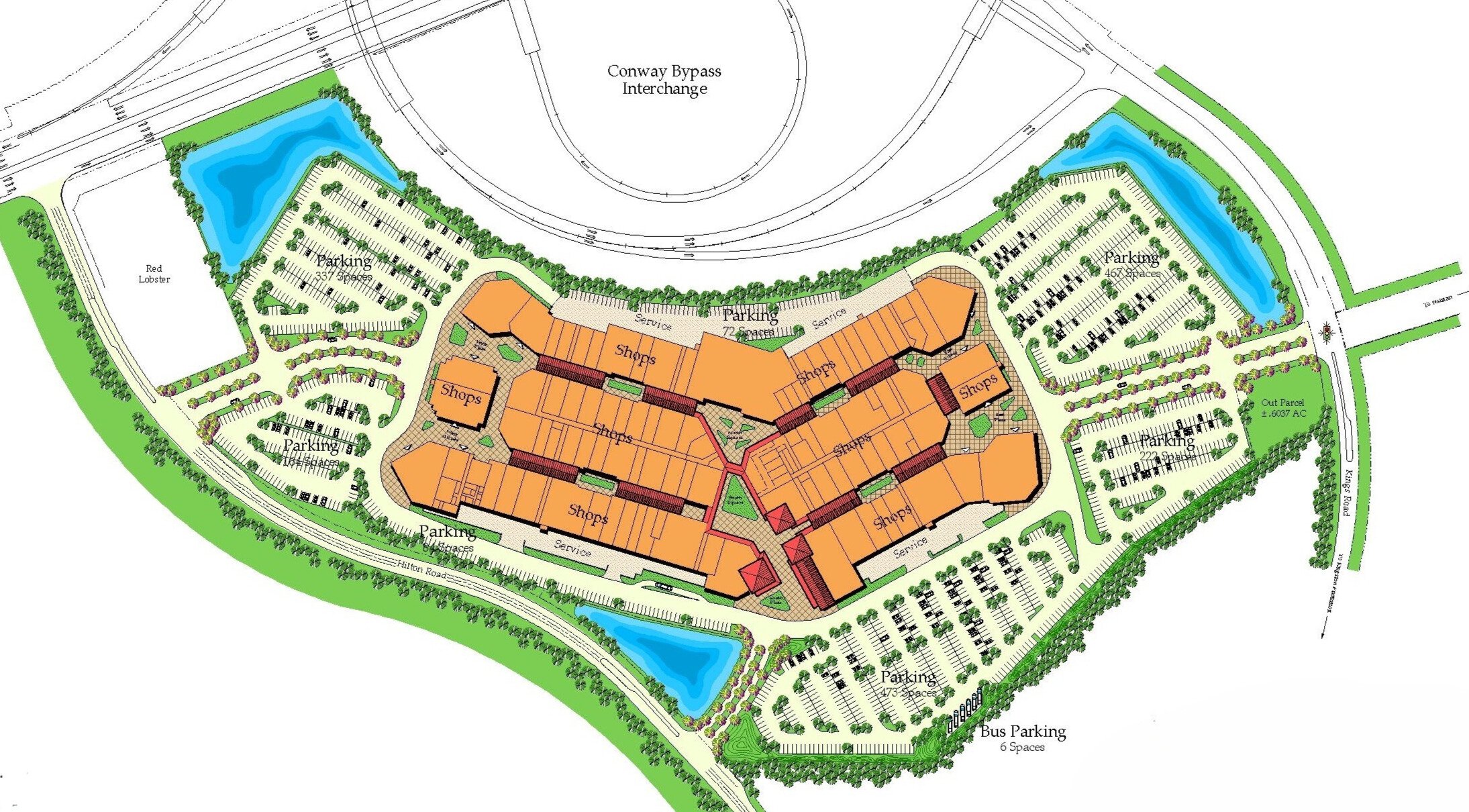 Aerial site plan: shops, parking lots, roads, ponds labeled.